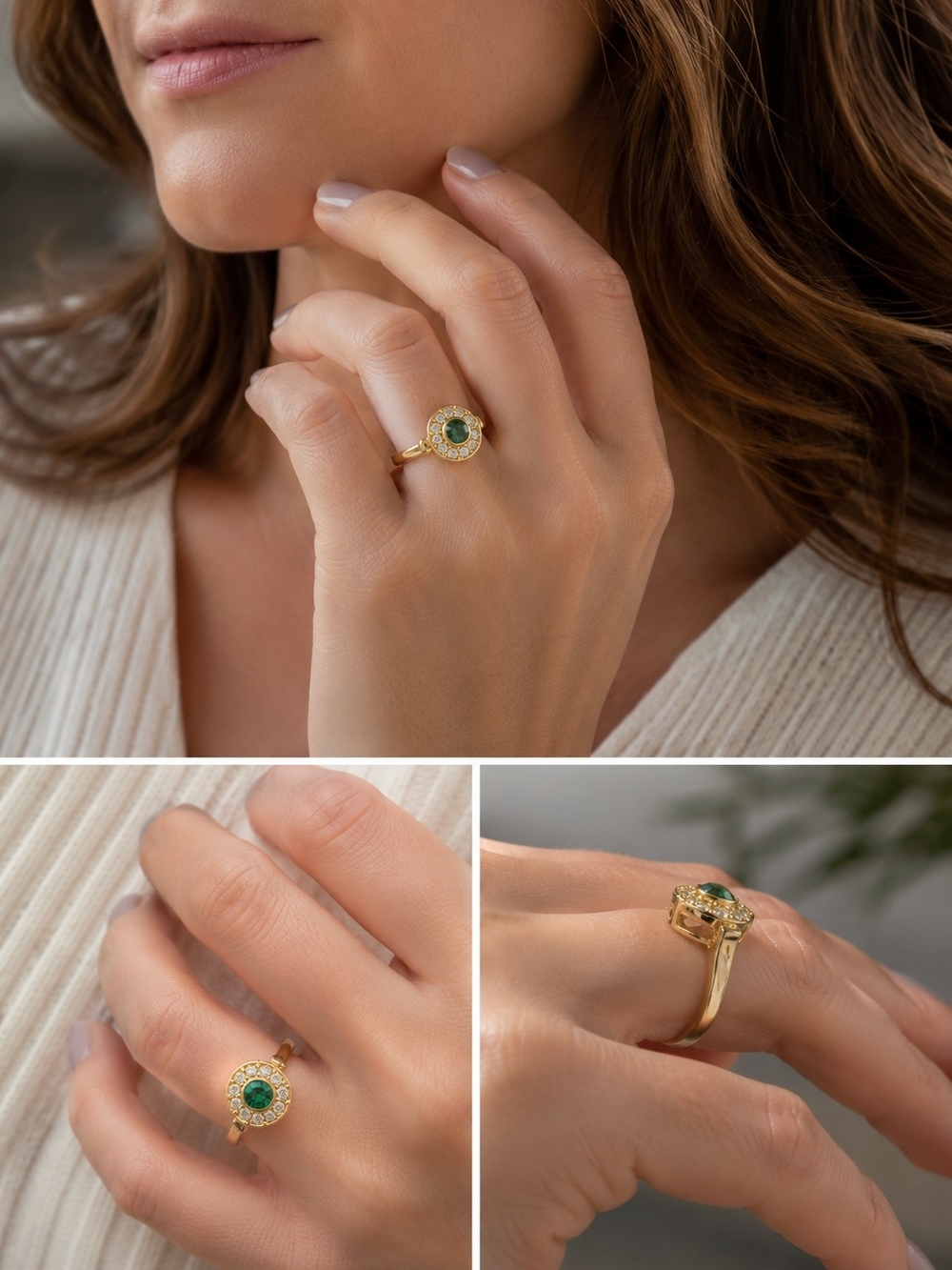 Gold Tone Cocktail Ring with Green Center Stone and Halo 9.5